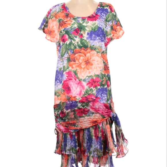 Vintage 80s Maxilou Floral Drop Waist Dress Sz 4 Pleated Ruffle Hem Hi Low Boho - Picture 1 of 3